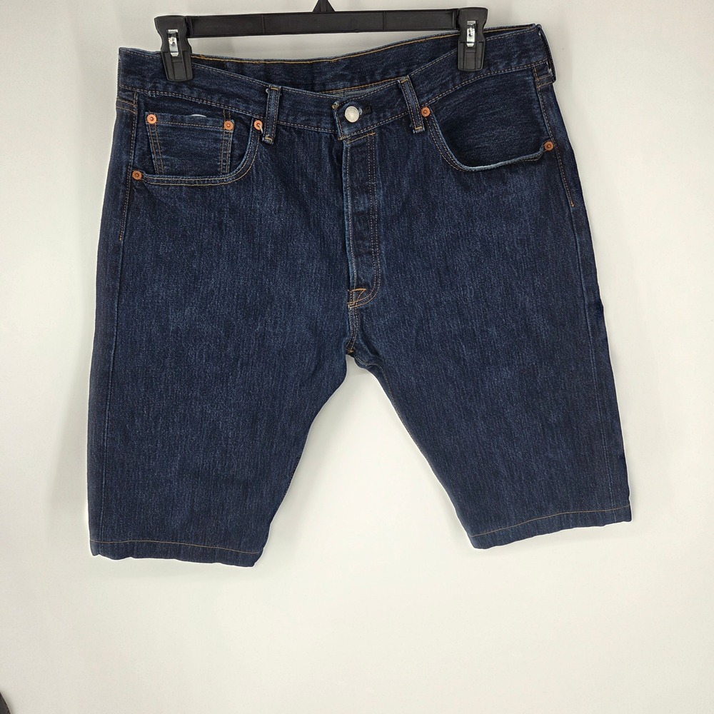 Levis 501 Denim Shorts Mens 38 Dark Indigo Blue Button Fly Jorts 14 inch Inseam